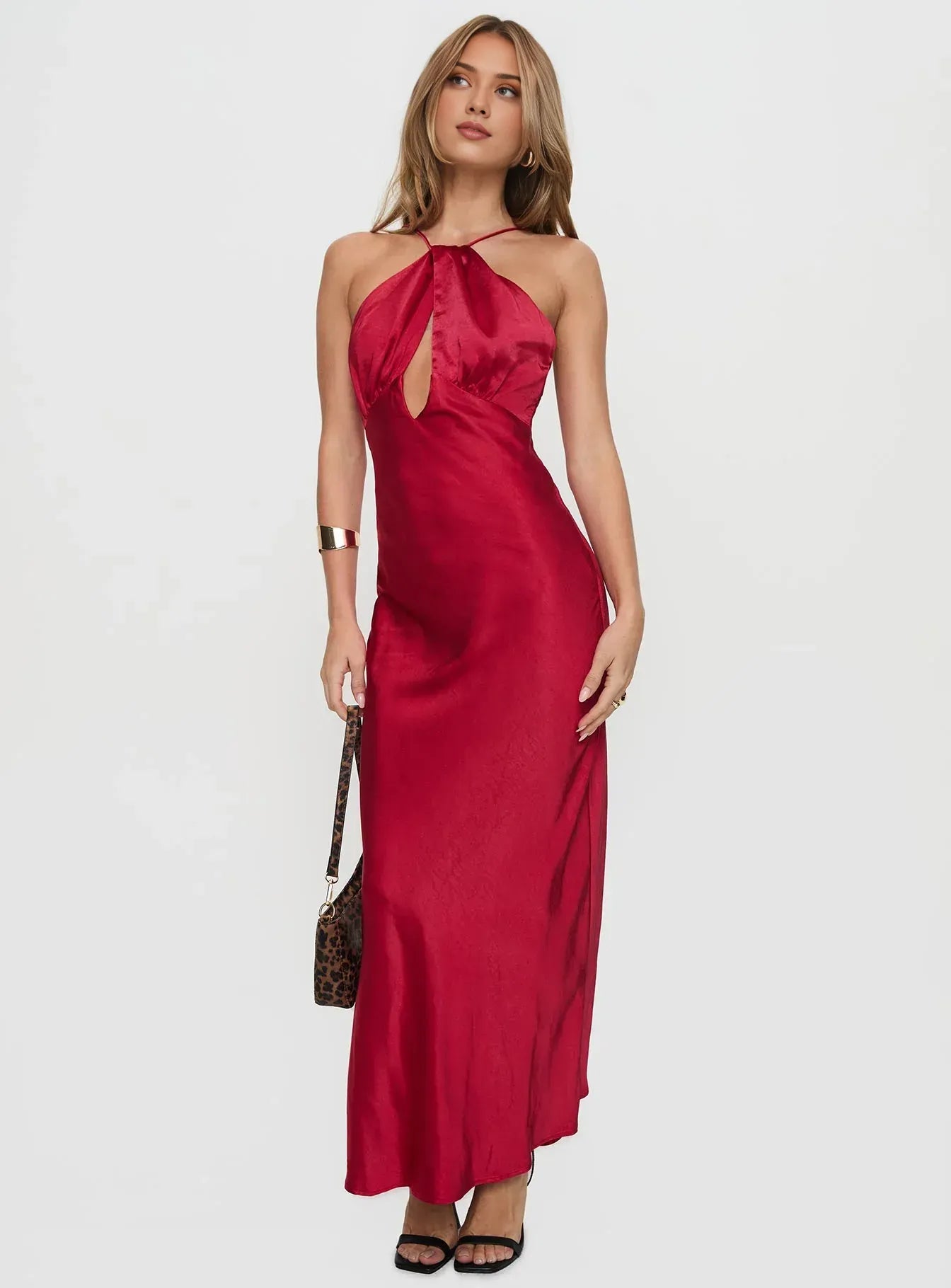 Modern Red Satin Halter Neck Cutout Backless Maxi Dress Sleeveless Prom Dresses